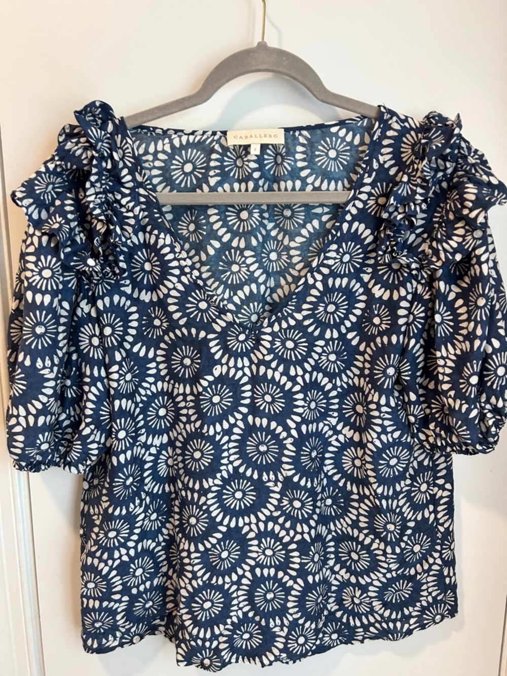 Casallero Navy Floral Ruffle Sleeve V-Neck Blouse